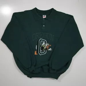 Vintage Oregon DUCKS Donald Duck Football Green Collared Henley Sweatshirt XL - Picture 1 of 19