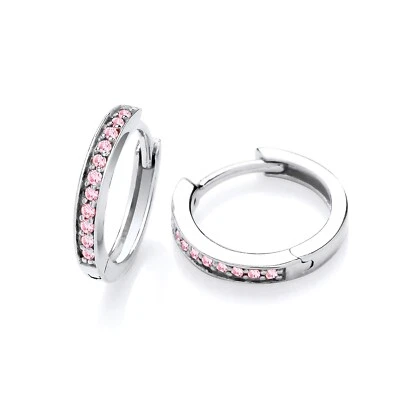 Sterling Silver 925 simulated Pink Sapphire Huggie Hoop Earrings Ladies Girls - Image 1 of 4