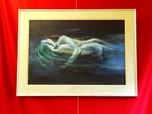 Original Ölgemälde Fluss Umarmung Sinnlich Erotik Akt Paar Gerahmt Wanddeko - Bild 1 von 4