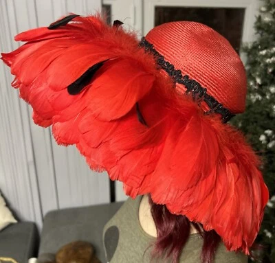 Hat-Joe Bill Miller-Red Feathered  Hat Vintage 80s Hat( Derby ) - Image 1 of 4