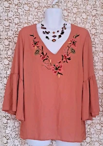 Rose Oliv Top 2x Kupferfarben Bestickt Blumen Glockenärmel Boho Bauer Kunst - Bild 1 von 9