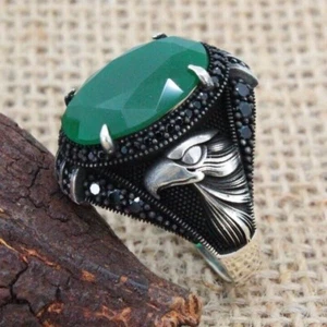 Eagle Figure Green Agate Stone Solid 925 Sterling Silver Men's Ring - Picture 1 of 6