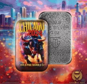 2024 Germania Mint Chicago Bull ANA Edition 2 oz Silver Cast Bar Mintage 999 - Picture 1 of 7