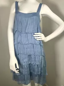 GIGI MODA AMABILE ABITO BLU IN SETA CON VOLANT, SPALLINE A SPAGHETTI, FODERA IN JERSEY O/S - Foto 1 di 3
