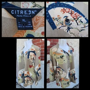 XL women CITRON Santa Monica Bird Asian Button 3/4 Long Sleeve Shirt 100% SILK - Picture 1 of 22