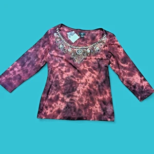 DEADSTOCK Y2K TEE M L erdig rosa lila opalisierend verziert Batik Top 4B - Bild 1 von 7