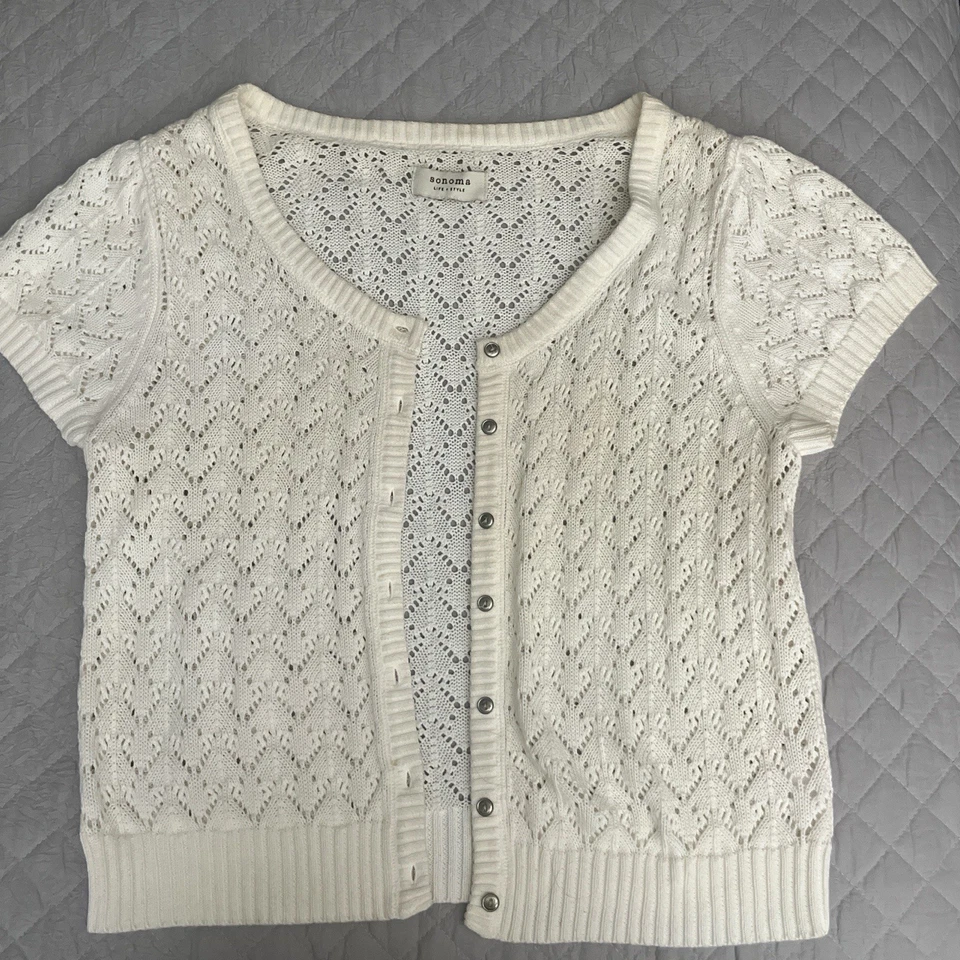 Cardigã Vintage Sonoma Creme Crochê Botão de Malha Manga Curta Tamanho Médio Boho - Imagem 1 de 4