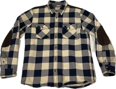 Vans Heavy Duty Box Flannel Shirt Mens Medium Blue Brown Corduroy Elbow Patch - Image 1 of 4