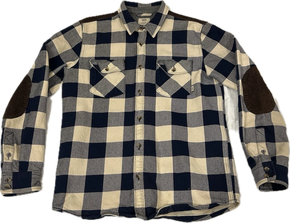 Camisa de franela de caja de alta resistencia Vans para hombre mediana azul marrón pana parche en el codo Foto 1 de 4