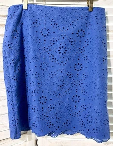 Talbots Plus Skirt Sz 14 W Blue Cotton Eyelet Fabric Straight Scalloped Hem - Picture 1 of 11