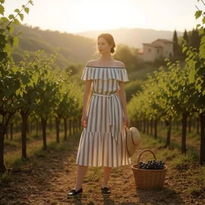 Lauren Ralph L. Midi Dress Ruffle Off Shoulder Sz 22W Cotton Striped Preppy Chic - Image 1 of 4