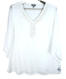 NWT JM COLLECTION Women's Linen Blouse 3/4 Sleeve Beads White Size XL $59.50 - Picture 1 of 21