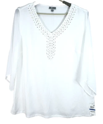NWT JM COLLECTION Women's Linen Blouse 3/4 Sleeve Beads White Size XL $59.50 - Image 1 of 4