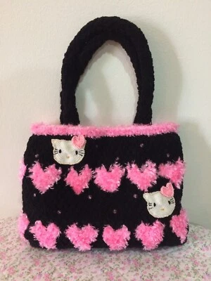 NUEVO Bolso de Hombro Hello Kitty Cat Negro X Rosa Suave Hecho a Mano Crochet de Japón Foto 1 de 4