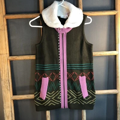 全新带标签 MATILDA JANE 尺码 14 女孩 435 十七岁橄榄毛衣背心夏尔巴领拉链 — 第 1/4 张图片