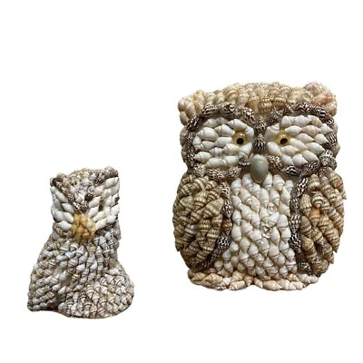 Vtg 70’s Sea Shell Owl Pair Folk Art Sculpture Googley Eyes Momma Baby - Image 1 of 4