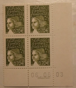 Bloc de 4 timbres - Coin daté - Marianne de Luquet 0,70€ -Neuf **- YT3571 - 2003 - Foto 1 di 1