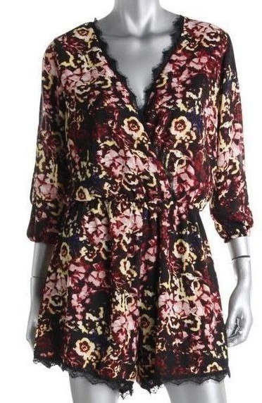 Aqua Womens Black Floral Print Cold Shoulder V-Neck Black Trim Romper 28"/4"  - Изображение 1 из 1