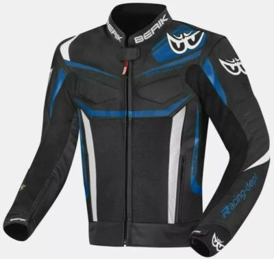 BLUE LEATHER JACKET BLACK MOTORBIKE MOTORCYCLE BIKER RACING LEDER CE ARMOURED - Imagem 1 de 4