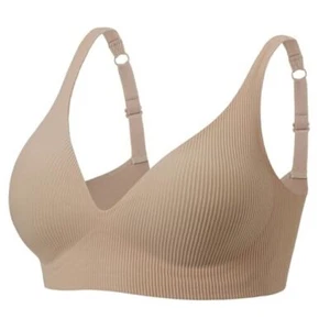 Wire Free Ribbed Bra Seamless Comfortable Deep V Bralette Wireless Large Beige - Picture 1 of 8