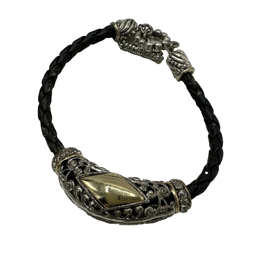 Pulsera de bisutería trenzada de cuero negro tono plata cuentas ornamentadas palanca Foto 1 de 4