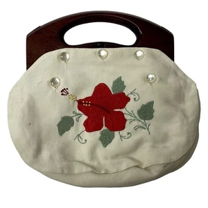 Vtg 50's HA&E Smith Embroidered HIBISCUS Flower HandBag Wood Handle Floral Purse - Picture 1 of 6