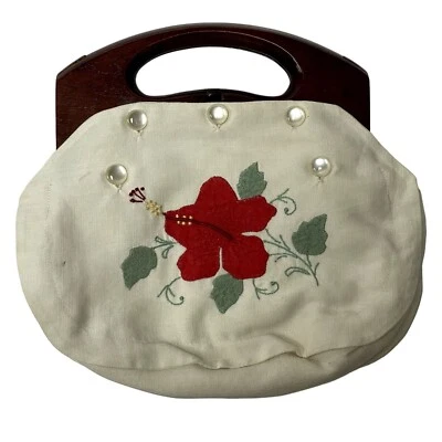 Bolsa floral vintage anos 50 HA&E Smith bordada hibisco flor cabo de madeira - Imagem 1 de 4
