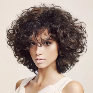 Curly Black Brown Mixed Wigs Synthetic Highlight With Bangs Short Wavy Wigs New - Picture 1 of 6
