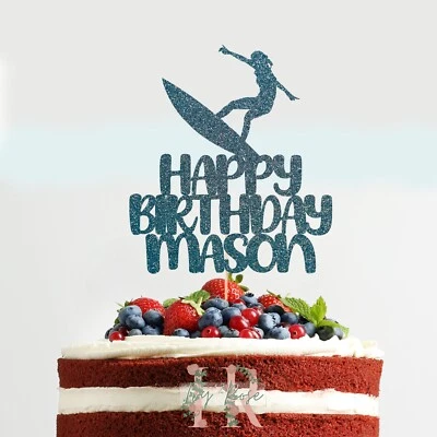 Custom Personalised Surfing Glitter Birthday Cake Topper Surfer Surfboard - Image 1 of 2