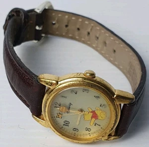 VINTAGE Disney Winnie The Pooh Watch Brown Leather Strap Battery Needed. - Picture 1 of 12