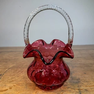 Vintage Fenton Coin Dot Cranberry Hand Blown Ruffled Glass Basket - Picture 1 of 8
