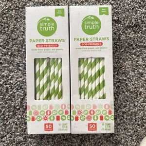 100 Bright Green/White Striped Paper Drinking Straws, New In Box - Picture 1 of 2