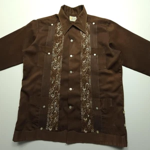 VTG Yucateca Mens Guayabera Shirt 38 Brown 70s Mexico Embroidered Four Pocket - Picture 1 of 24