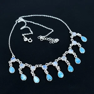 Larimar Rainbow Moonstone Solid Gemstone 925 Sterling Silver Pendant Necklace - Picture 1 of 4