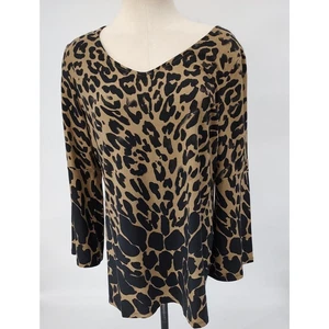 Isaac Mizrahi Live Animal Print Brown Tunic Top Size L Slits in Sleeves V Neck - Picture 1 of 10