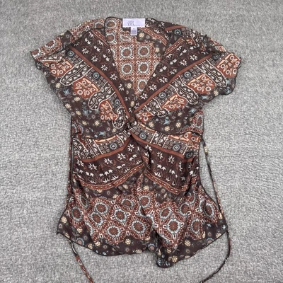 Nine & Co Blouse Womens 8 Brown Boho V-Neck Tie Back Floral Hippie Sheer Y2K - Image 1 of 4