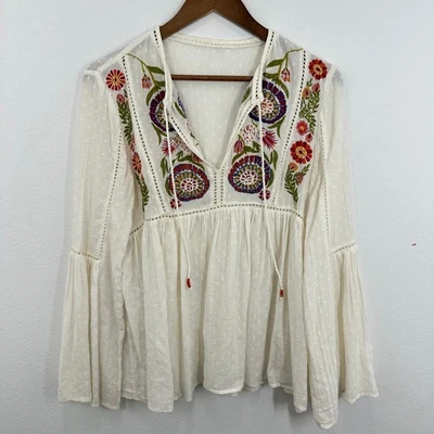 Zara Embroidered Peasant Blouse Swiss Dot Bell Sleeve Boho Festival Top - Image 1 of 4
