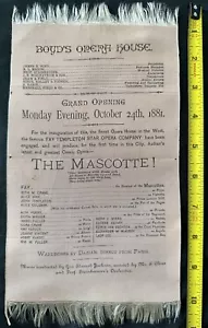 1881 OMAHA NEBRASKA - BOYD’S OPERA HOUSE GRAND OPENING PLAYBILL SILK HISTORICAL - Picture 1 of 8