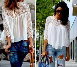 ZARA CROCHET LACE TOP FLOWING BLOUSE CHIFFON SHIRT SIZE XS NEW - Picture 1 of 13