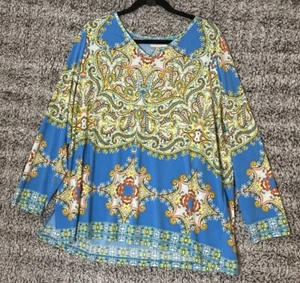 Susan Graver 2X Blue Yellow Paisley Floral Liquid Knit Blouse Top Tunic Boho - Picture 1 of 8