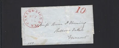 USA-STAMPLESS-1850-STAMPED 10-CANADAIGUA NY RED STRIKE-FINE-#255 - Image 1 of 2