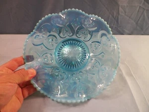 Vintage Northwood Jewel Heart Blue Opalescent Glass Ruffled Plate 8 1/2" Wide - Picture 1 of 7
