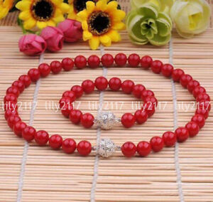8/10/12MM GENUINE CORAL RED SOUTH SEA SHELL PEARL NECKLACE BRACELET SET 18&7.5''