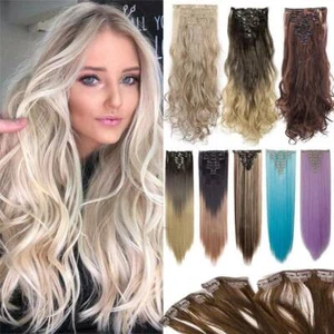 Clip de extensión de cabello real largo grueso 100 % natural como cabeza completa humana 8 piezas - Imagen 1 de 61