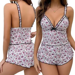 Womens Sexy Lingerie 2 Piece Lace Flowers Sleepwear Cami Nightwear Pajama Sets - Picture 1 of 19