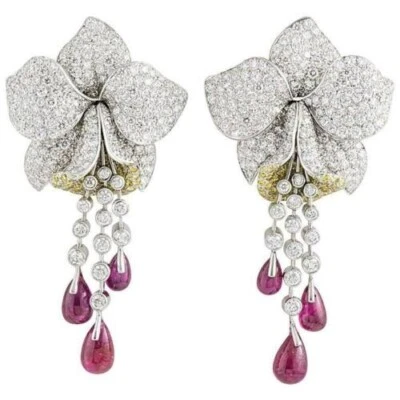 Solid 925 Sterling Silver 7.86 Ct Fancy Pink & diamond Flower Wedding Earrings. - Image 1 of 4