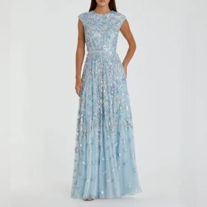 Neu mit Etikett Mac Duggal Maxikleid eisblau Pailletten hochgeschlossen Flügelärmel A-Linie Größe 16 - Bild 1 von 11