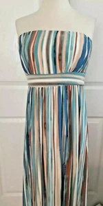 Soma Maxikleid Gr. Medium Trägerlos Gestreift Batik Sexy Retro Blau Nude  - Bild 1 von 6