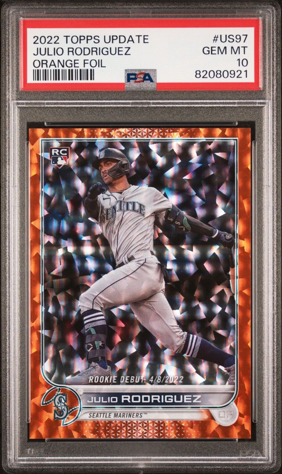 2022 Topps Update #US97 Julio Rodriguez RC Orange Foil Rookie Debut /299 PSA 10