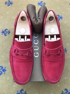 Gucci Loafers Leather Shoes Drivers Red Suede Horsebit Mens UK 9.5 US 10.5 43.5 - Picture 1 of 17
